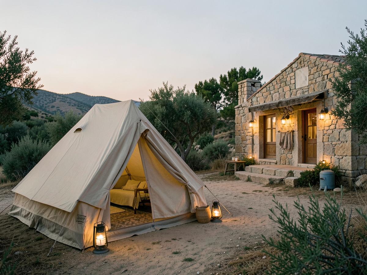Glamping tent beside a stone cottage at dusk